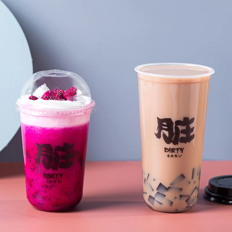 90口径一次性奶茶杯U型胖胖杯子网红脏脏杯饮料冰激凌带盖塑料杯