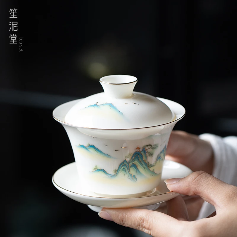 白瓷盖碗德化羊脂玉瓷三才碗防烫陶瓷泡茶碗茶杯家用功夫茶具套装
