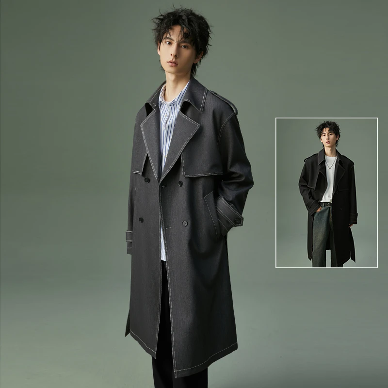 春秋新款牛仔风衣男中长款垂坠高级感明线设计休闲系带外套FHF01