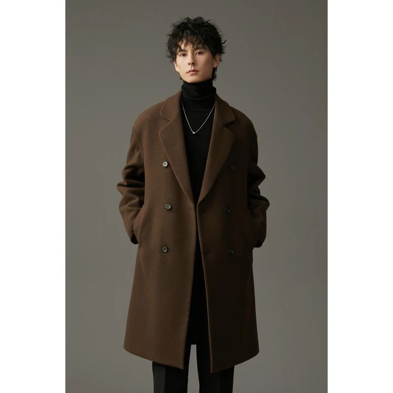 【重磅加厚】羊毛大衣宽松双排扣呢子加白鹅绒内胆中长款外套ELL25