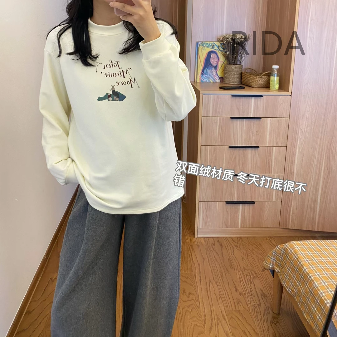 日褡双面绒字母减龄T恤K9休闲百搭小众宽松纯色秋冬10587清