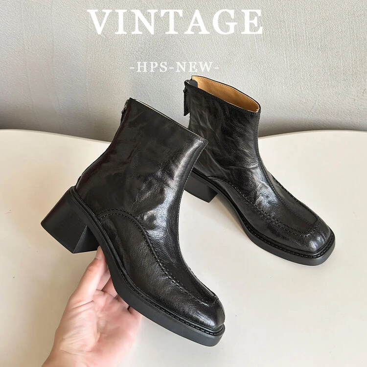 里外纯皮～头层羊皮6cm圆头复古厚底高跟短靴显瘦粗跟马丁靴短筒