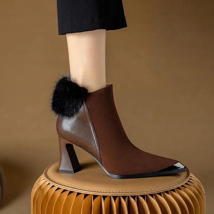 里外纯皮～牛皮7.5cm复古高跟尖头真皮显瘦裸靴粗跟时装靴短筒秋冬