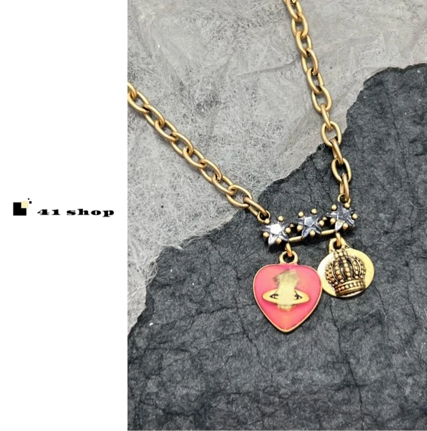 铜合金项链 B无编号项链 粉滴釉爱心皇冠古金色项链