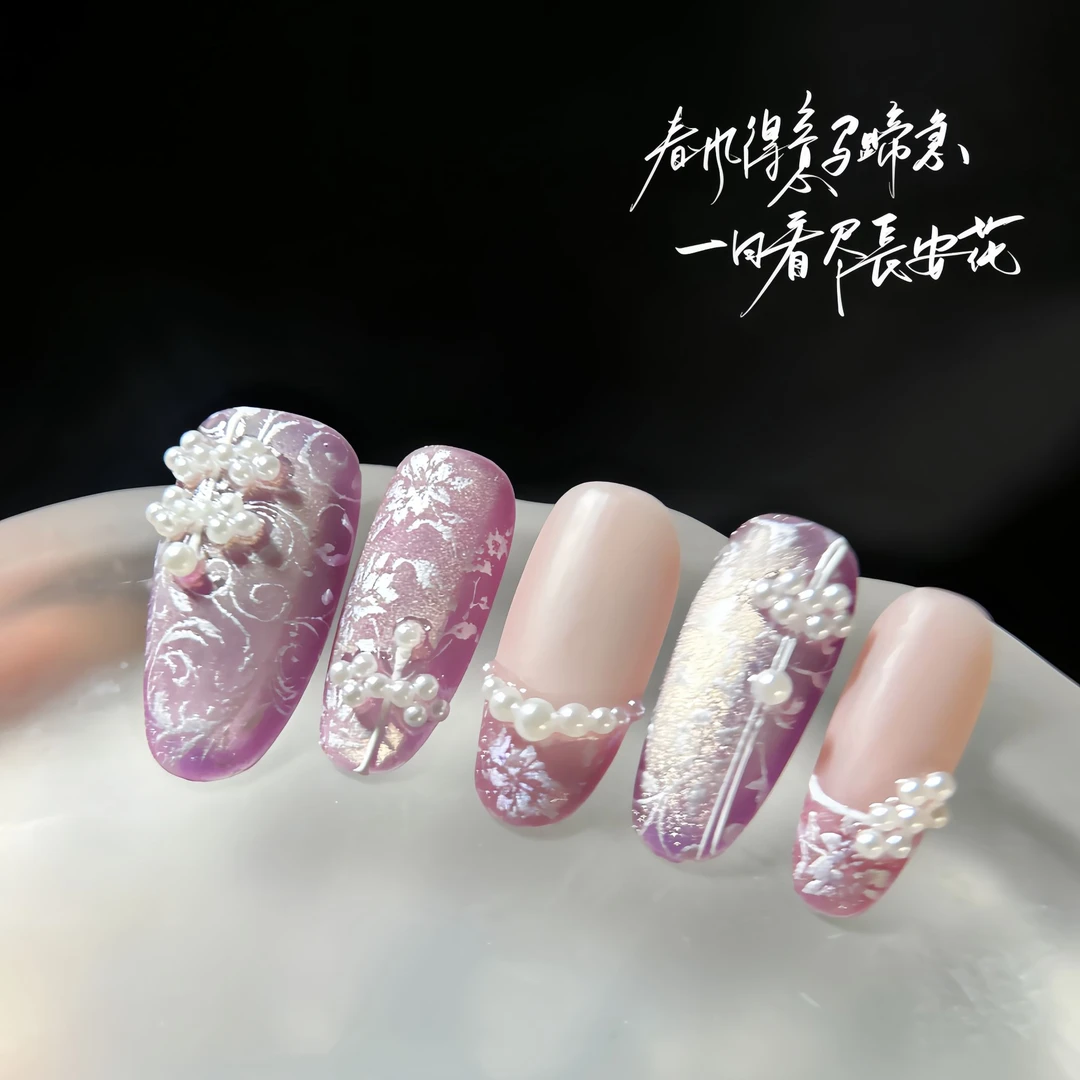 圆熙轻奢纯手工设计师ins穿戴甲美甲艺术花卉水彩手绘中长款指甲