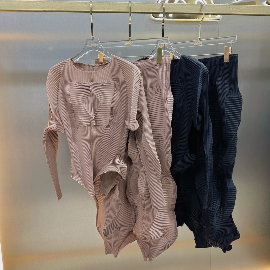 三宅褶皱秋季新款个性时尚花苞上衣+半裙两件套重工不规则百搭