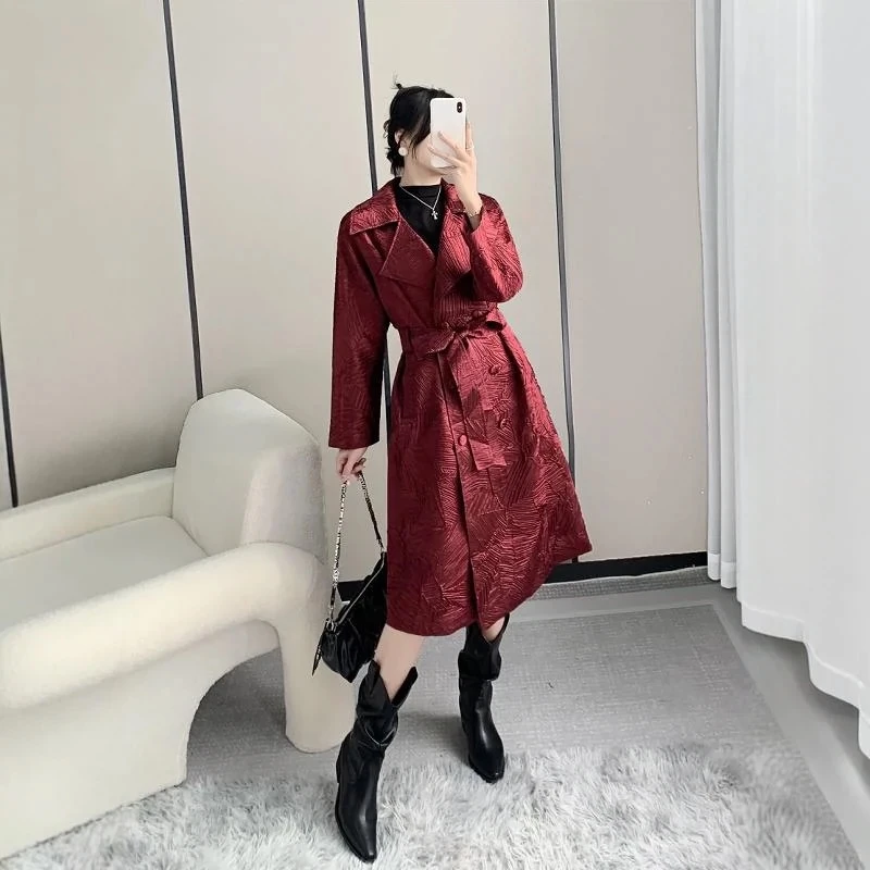 三宅褶皱2024秋季新款纯色提花风衣外套中长款宽松双排扣外套气质