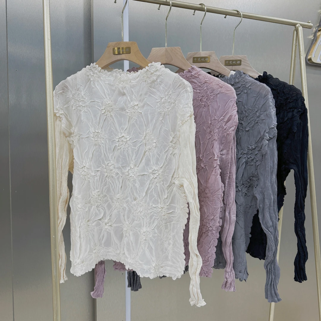 三宅褶皱2024秋季新款重工压褶手抓花上衣气质优雅肌理感长袖T恤