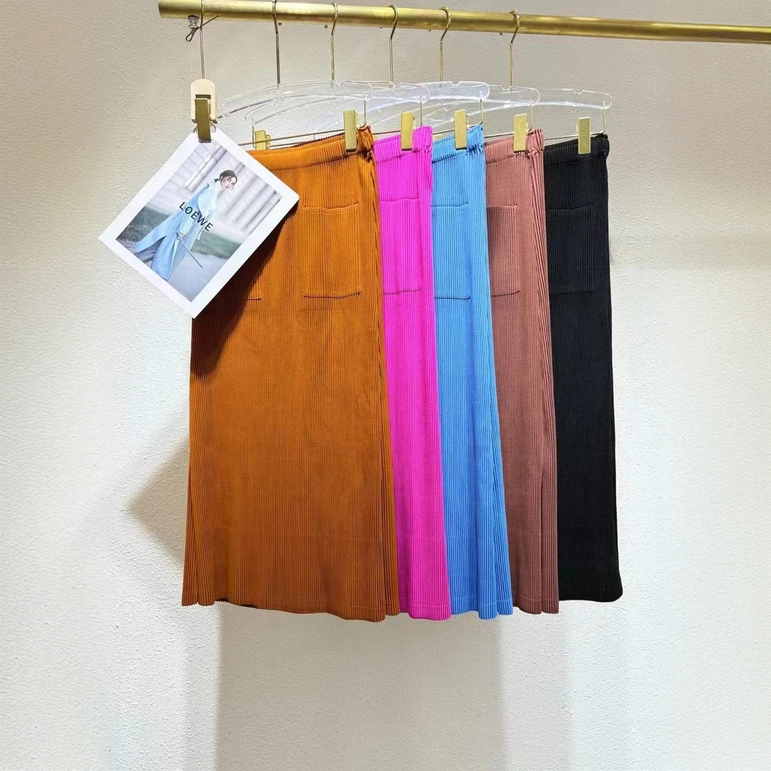 三宅褶皱2024秋季新款纯色粗牙签口袋设计半身裙气质通勤半裙