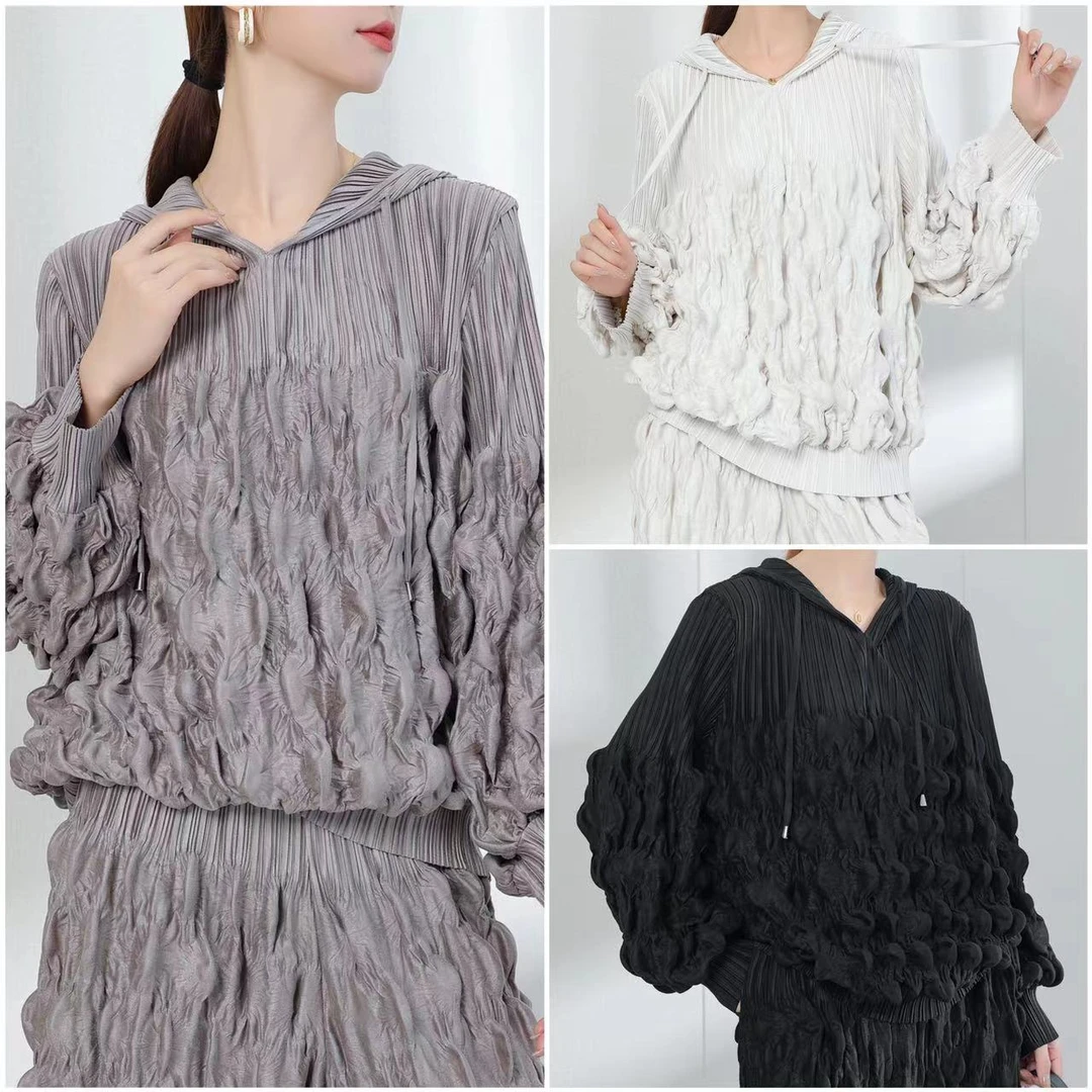 三宅褶皱2024秋季新款纯色泡泡褶卫衣时尚洋气百搭宽松上衣