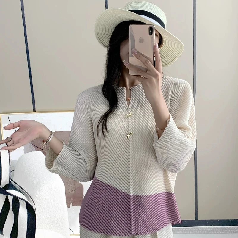 三宅褶皱2024秋季新款龙鳞褶时尚拼色上衣百搭减龄显瘦拼色T恤