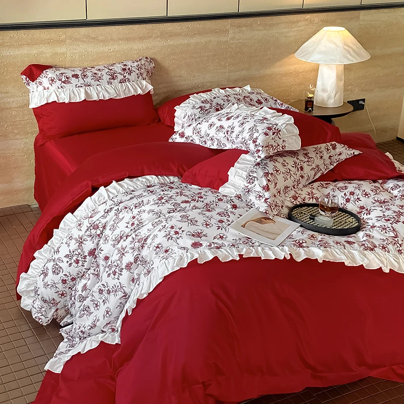 新款亲肤棉拼接花边款四件套大红色床上用品床单款床笠款喜庆被套