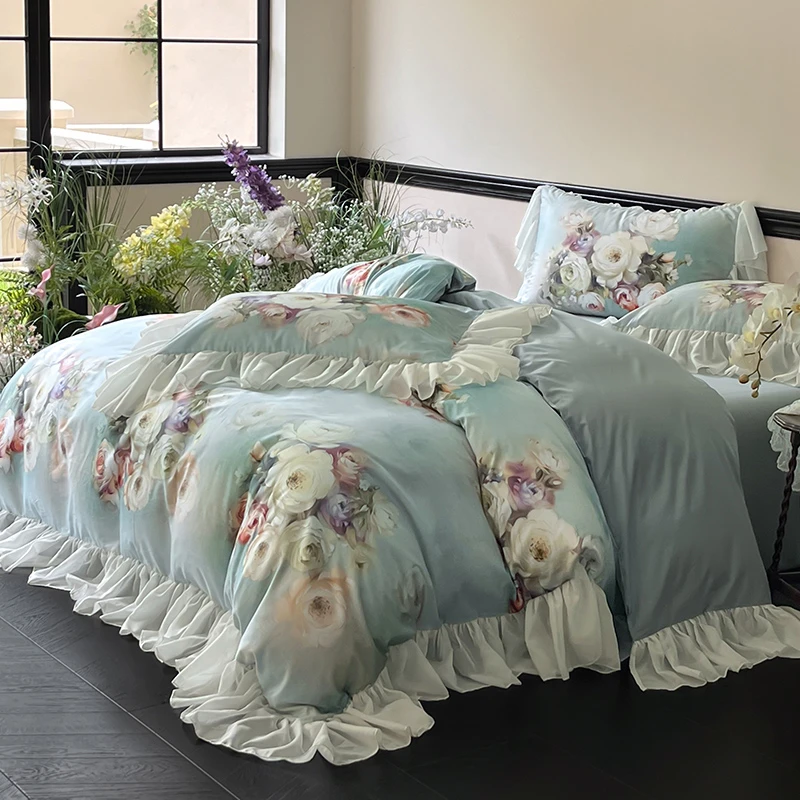 公主风蕾丝花边床单床笠款四件套四季通用床上用品韩版被套三件套
