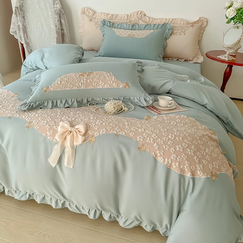 韩版公主风亲肤棉床品四件套高档花边被套床单床笠床上床上枕头套