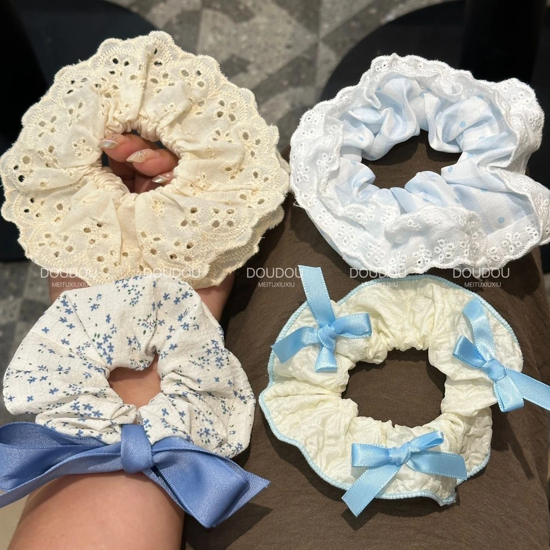 蓝色蕾丝花边条纹大肠发圈韩系少女感高颜值洋气2024新款爆款