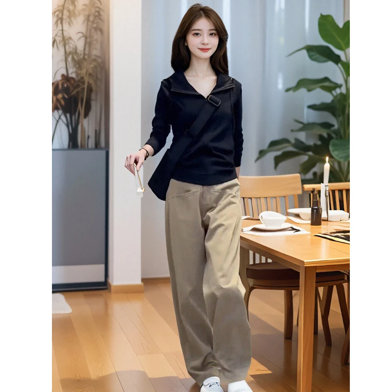 早秋装搭配一整套微胖显瘦小个子茶系炸街连帽卫衣阔腿裤两件套女