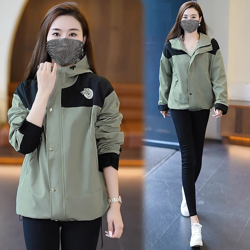 韩版防风外套女款春秋季冲锋衣夹克服2023新款百搭撞色棒球服风衣