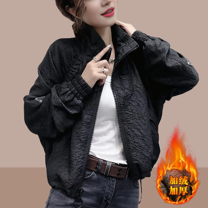 韩版时尚休闲百搭外套2025秋冬季新款纯色女士小个子立领短款夹克