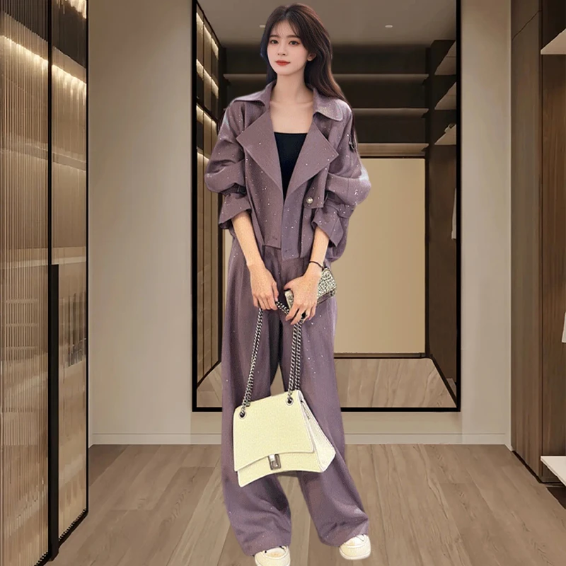 高级感时尚套装女士2025早秋新款气质短款风衣外套阔腿长裤三件套