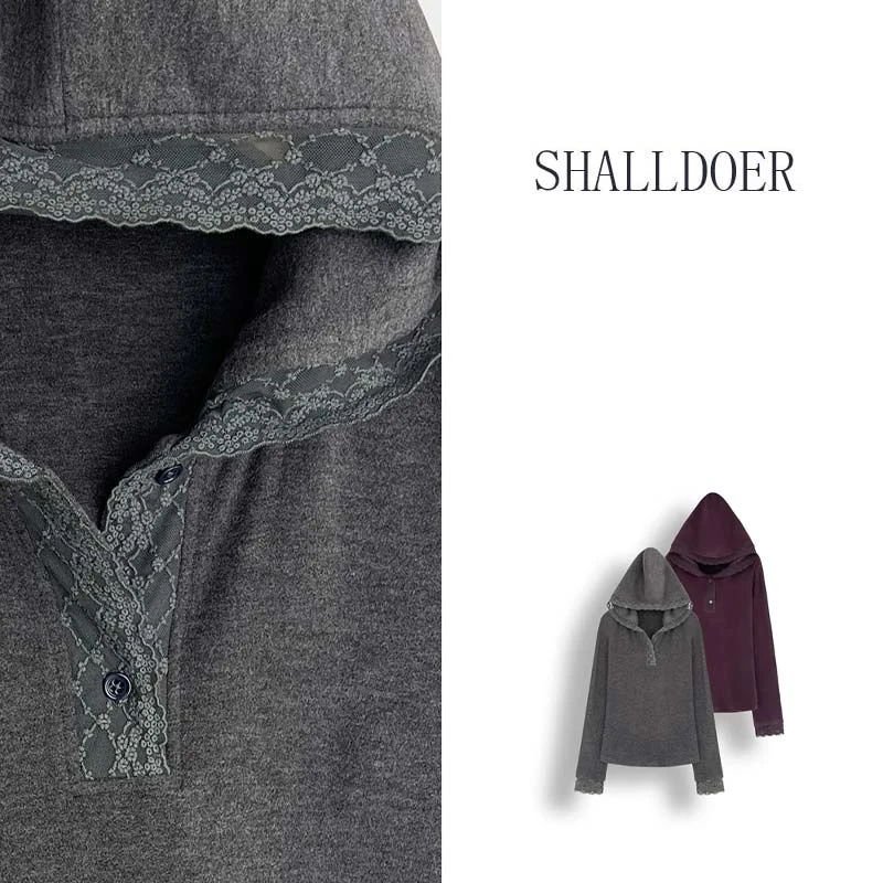 连帽套头蕾丝拼接针织衫2025春秋新款气质百搭显瘦暖绒小帽服卫衣