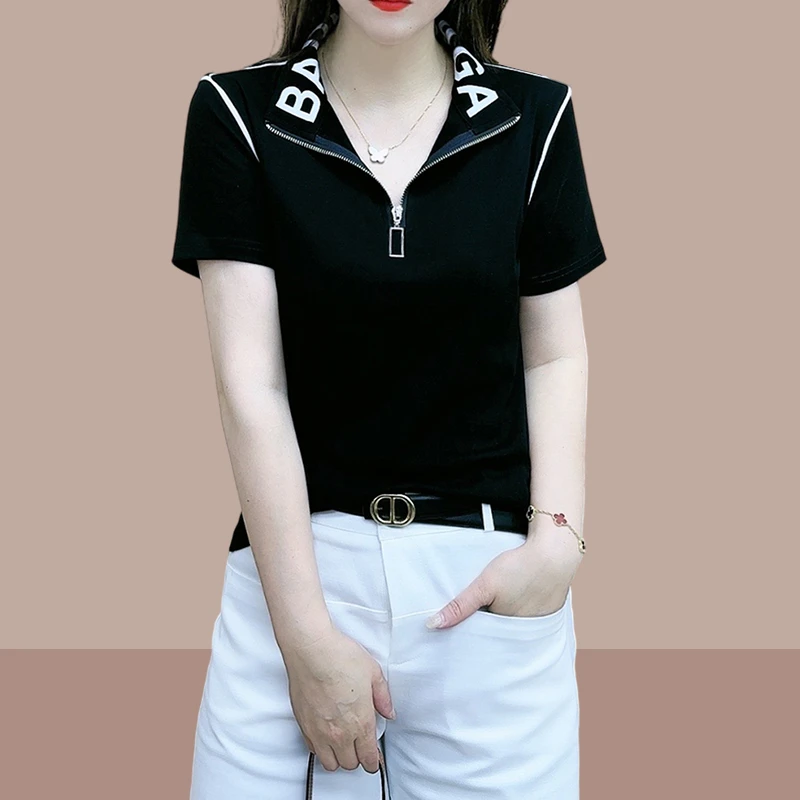 立领纯棉短袖t恤女2025新款夏季薄款时尚半拉链显瘦减龄正肩上衣