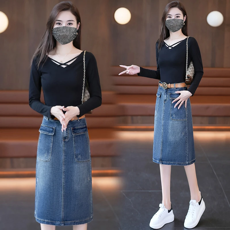 时尚百搭上衣配牛仔裙半身裙两件套2025新款韩版修身显瘦减龄套装