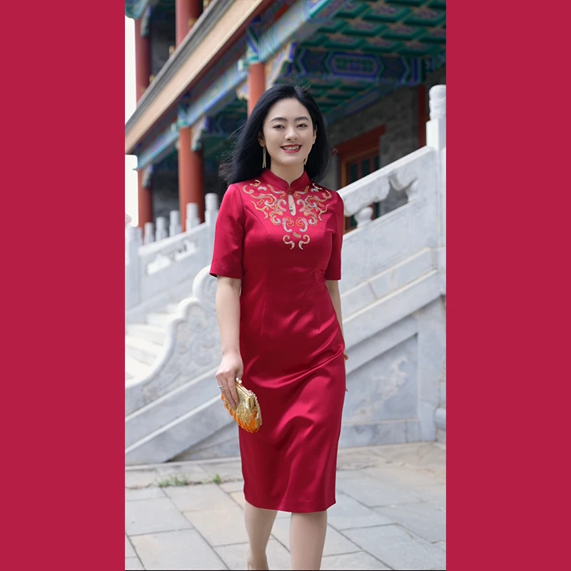 款号10860石榴红连衣裙喜事场合欢聚妈妈夏季高贵上档次女装高档