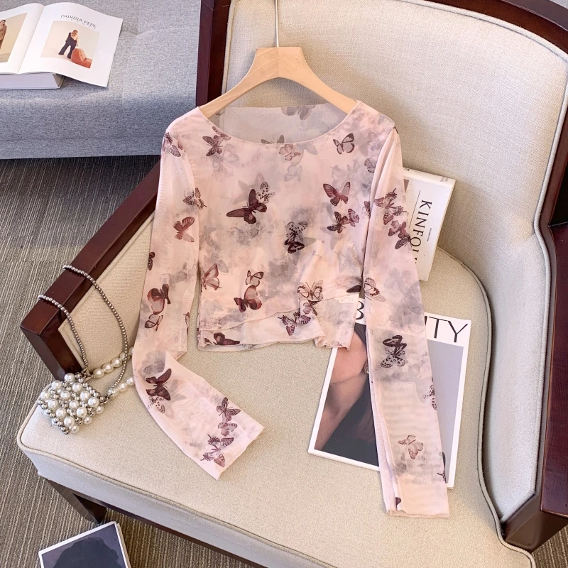 扎染t恤女长袖春季薄款辣妹不规则网纱防晒罩衫修身短款气质上衣