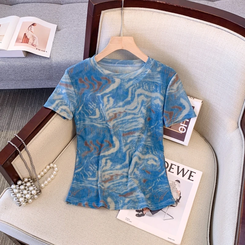 网纱扎染透气防晒衫女2025韩版夏季修身圆领薄款印花短袖T恤上衣