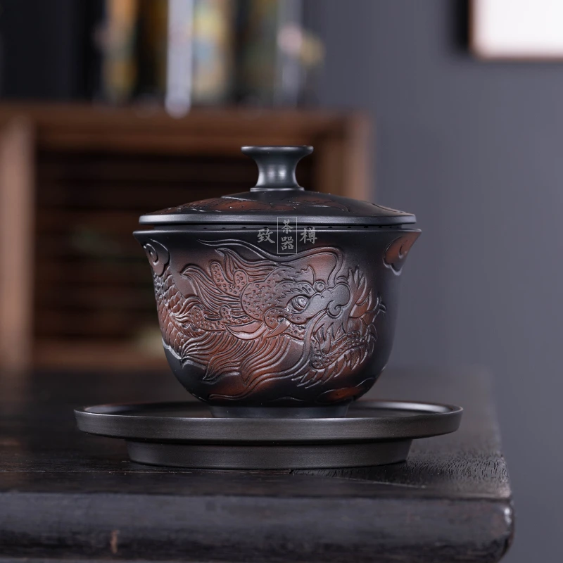 祥龙浮雕二才盖碗纯手工盖杯盖碗茶壶原矿云南紫陶家用泡茶具004