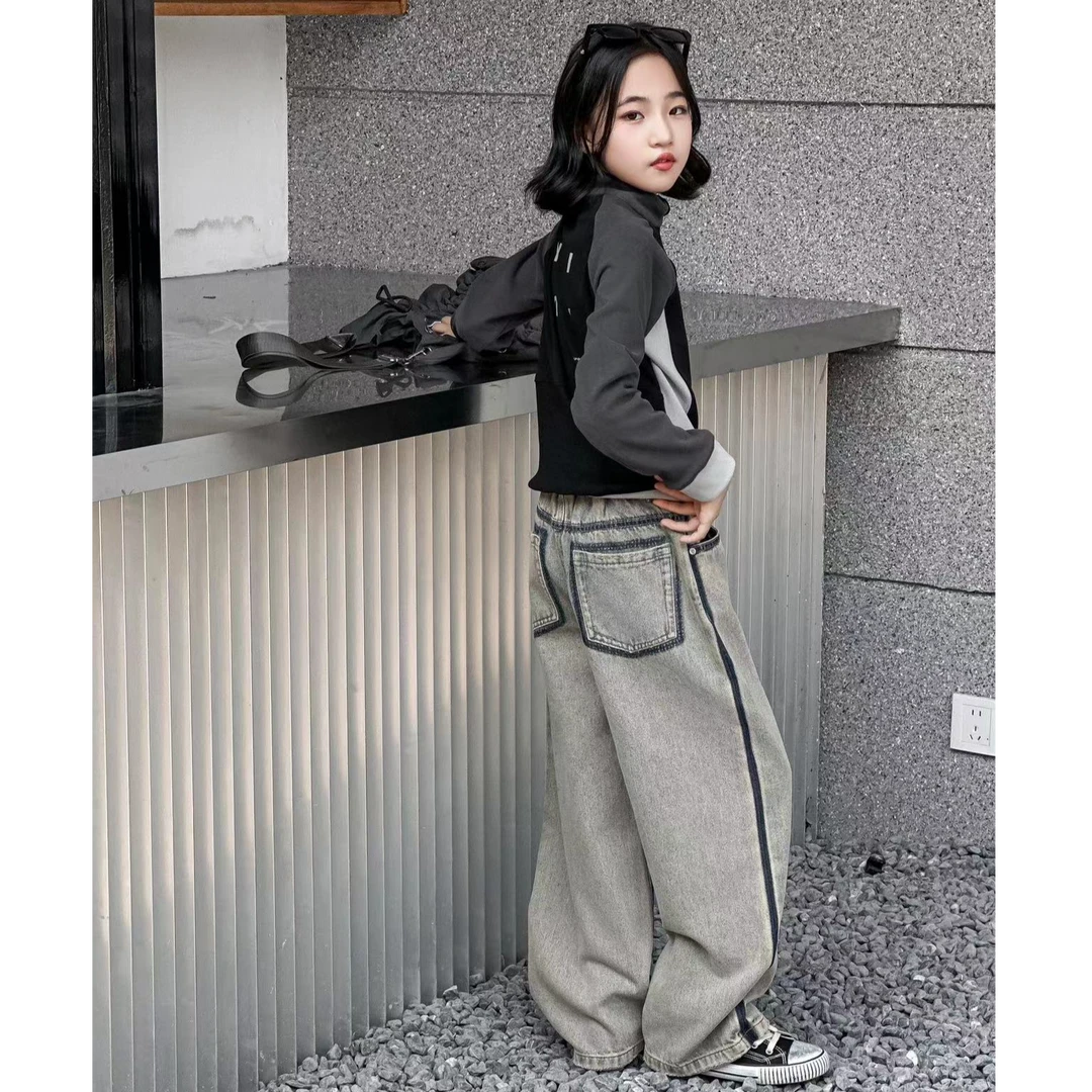 儿童秋季新款潮童时尚洋气百搭宽松直筒牛仔裤