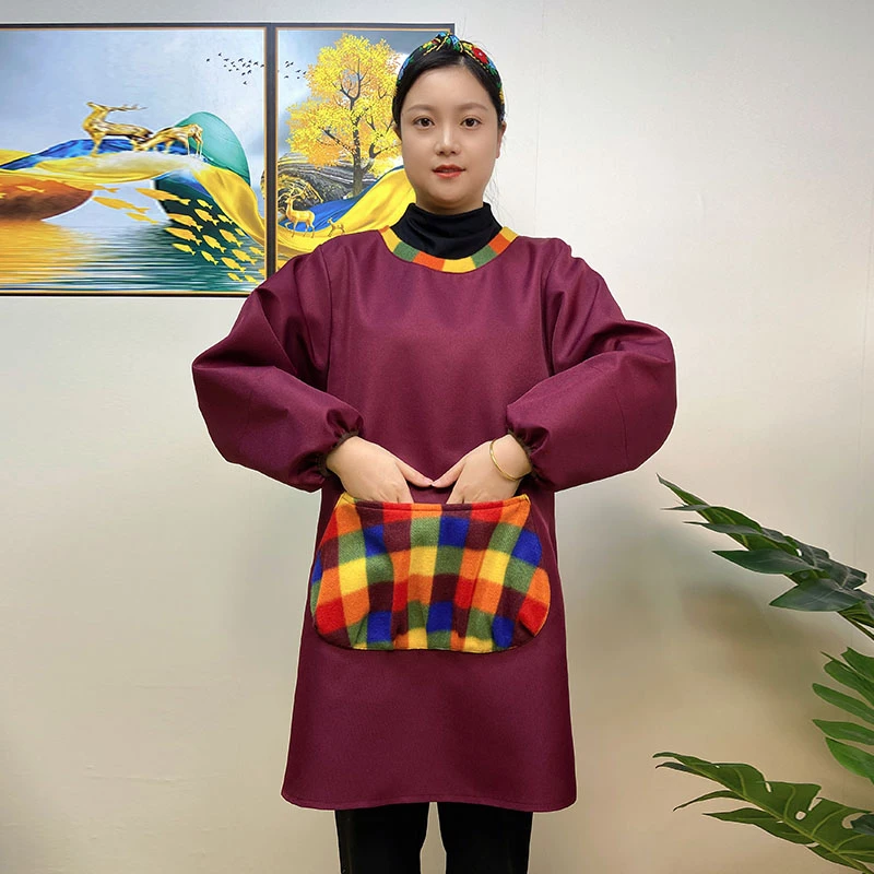 【30193格子绒】时尚防水擦手大口袋反穿衣长袖围裙成人罩衣家用