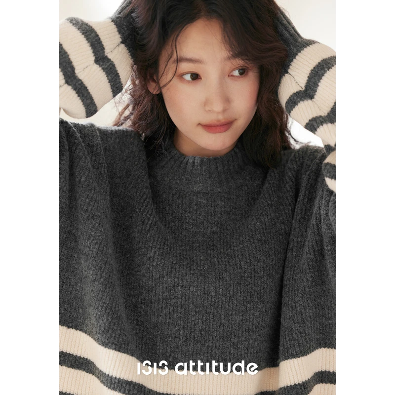 【现货】1313花灰拼条纹宽松2024冬季女软糯套头长袖显瘦针织毛衣