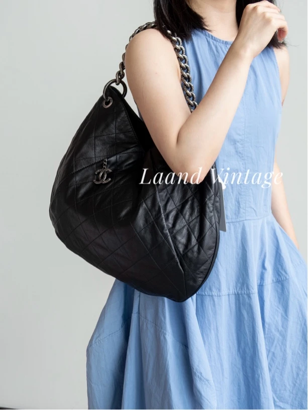 95新 Chanel/香奈儿 黑银熔岩hobo机场包/04955/Laand中古