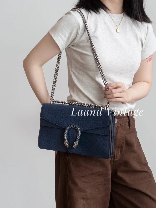 95新 GUCCI/古驰 蓝色皮面钻扣酒神包/04988/Laand中古