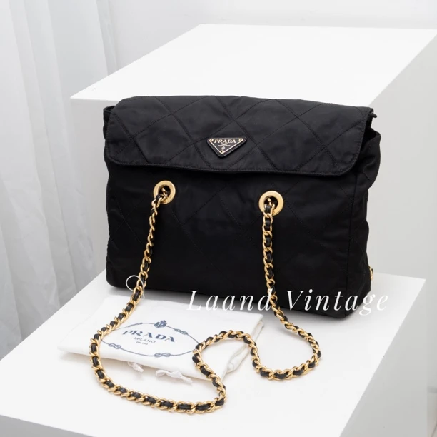 95新 Prada/普拉达 黑金降落伞托特包底长30/04967/Laand