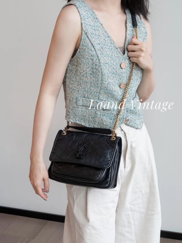 95新 YSL/圣罗兰 Ysl Niki 黑色V纹金链小号包/04993/Laand中古