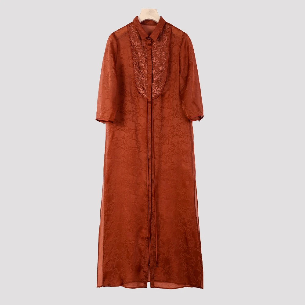 时尚显瘦休闲香云纱高端女装红云纱外套翻领刺绣风衣外套31205