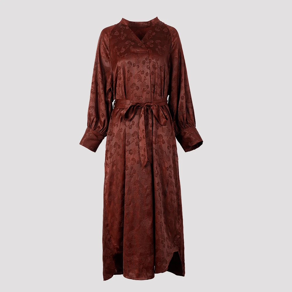 陌妆香云纱高端连衣裙品牌新款香云纱V领插肩袖长袖连衣裙32806