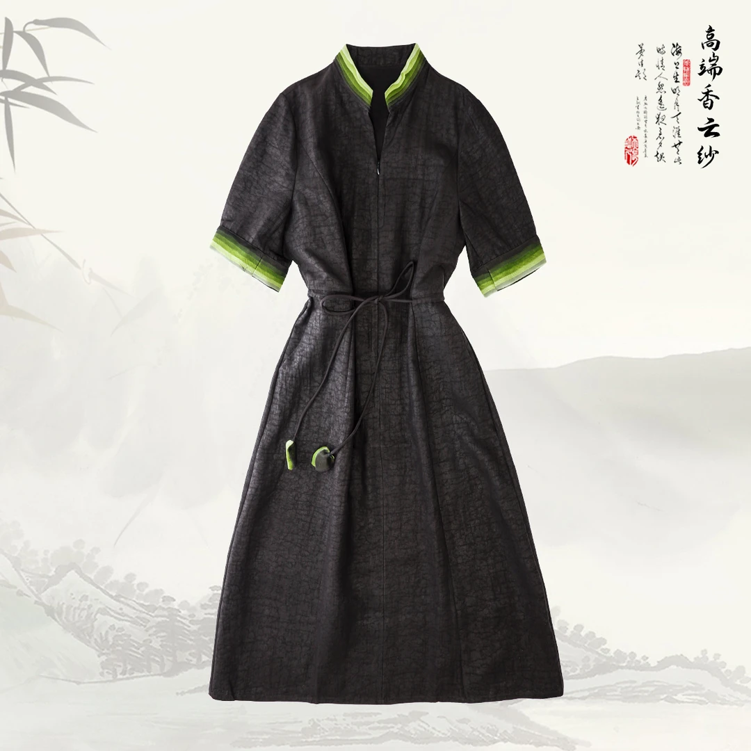 品牌新款香云纱桑蚕丝国风V领撞色连衣裙429512