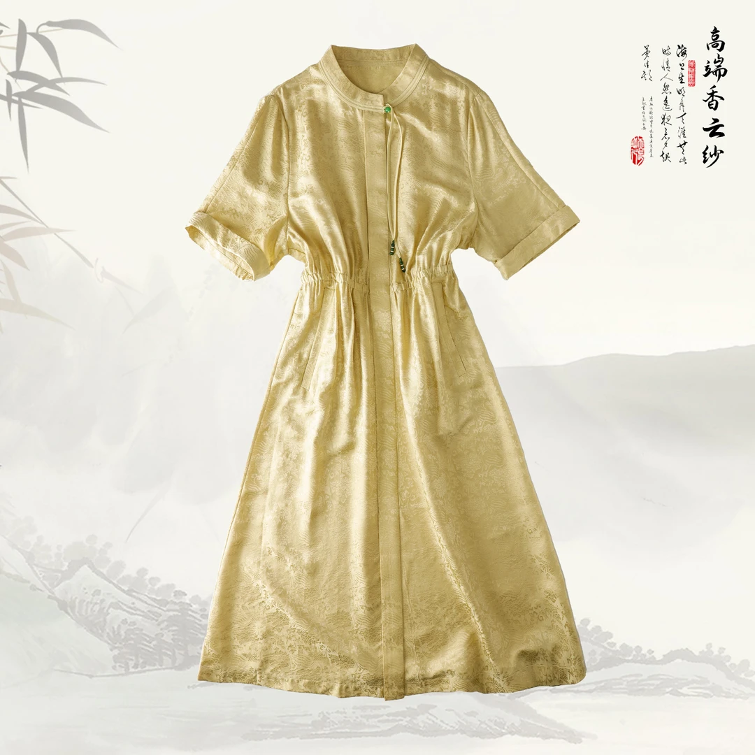 品牌新款桑蚕丝国风新中式收腰短袖连衣裙419292