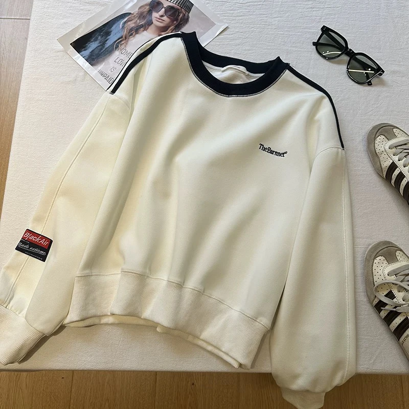 【森野拼图】2024字母宽松加绒拉条圆领短款休闲卫衣05181