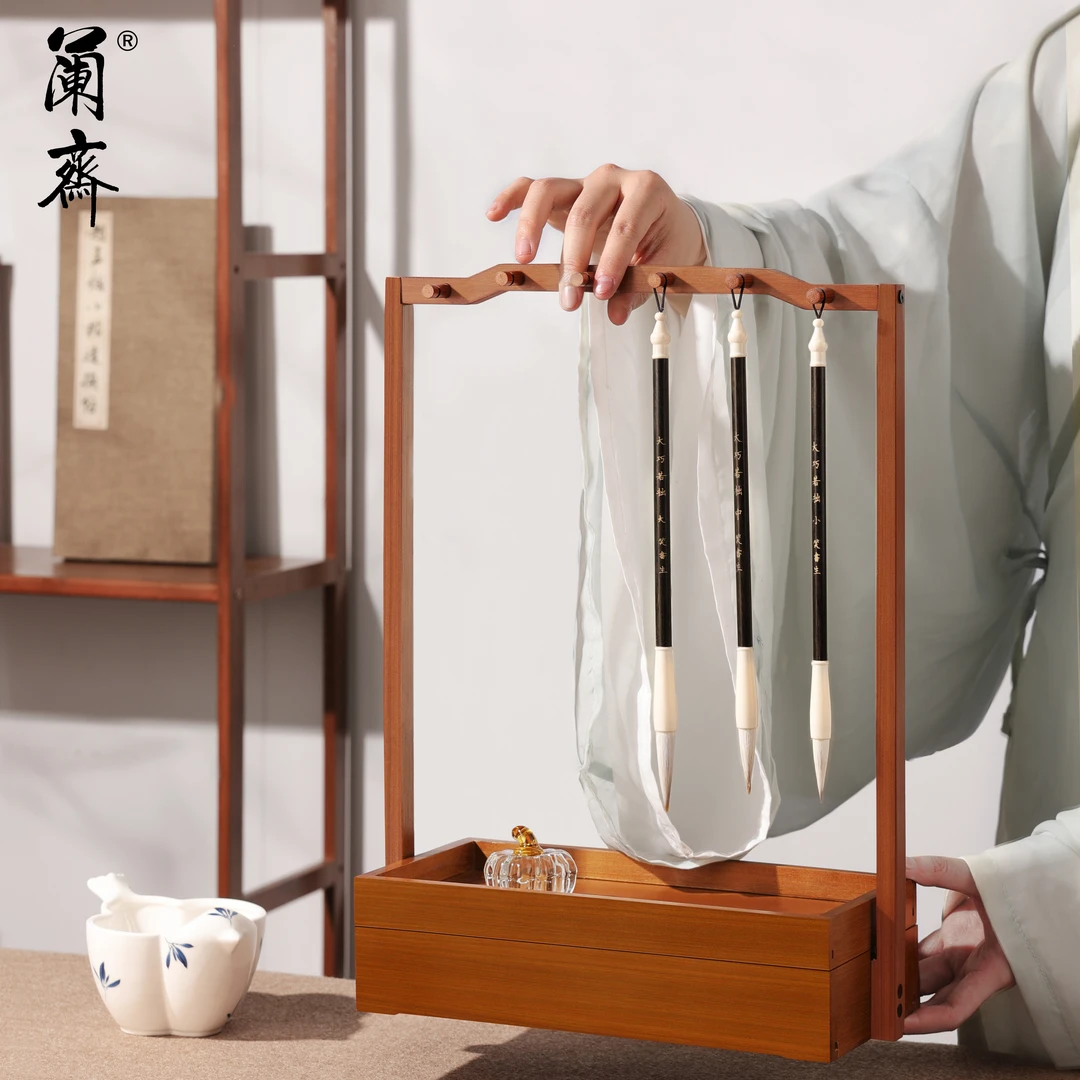 新中式双层收纳毛笔架楠竹文房笔架实木毛笔挂多功能文房四宝