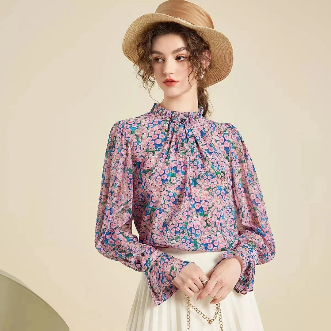 【玫瑰之约】【100%桑蚕丝~03双皱】新款减龄长袖真丝衬衫 202314