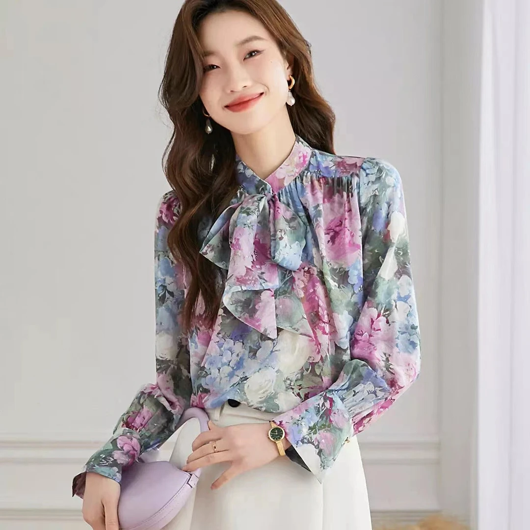 【12618】2023新款立领桑蚕丝衬衣早春桑蚕丝飘带衬衣气质法式春夏