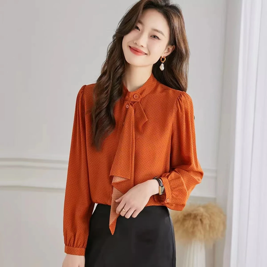 【12620】2025新款真丝桑蚕丝优雅波点纯色荷叶边双绉女士时尚上衣