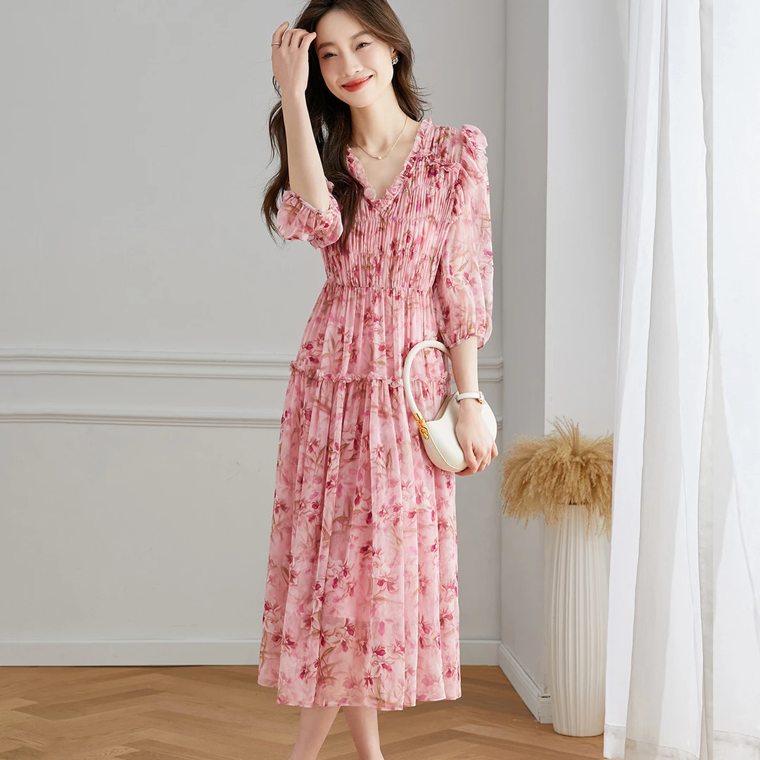 【什锦】桑蚕丝时尚修身收腰系带长款碎花优雅连衣裙20230224-1