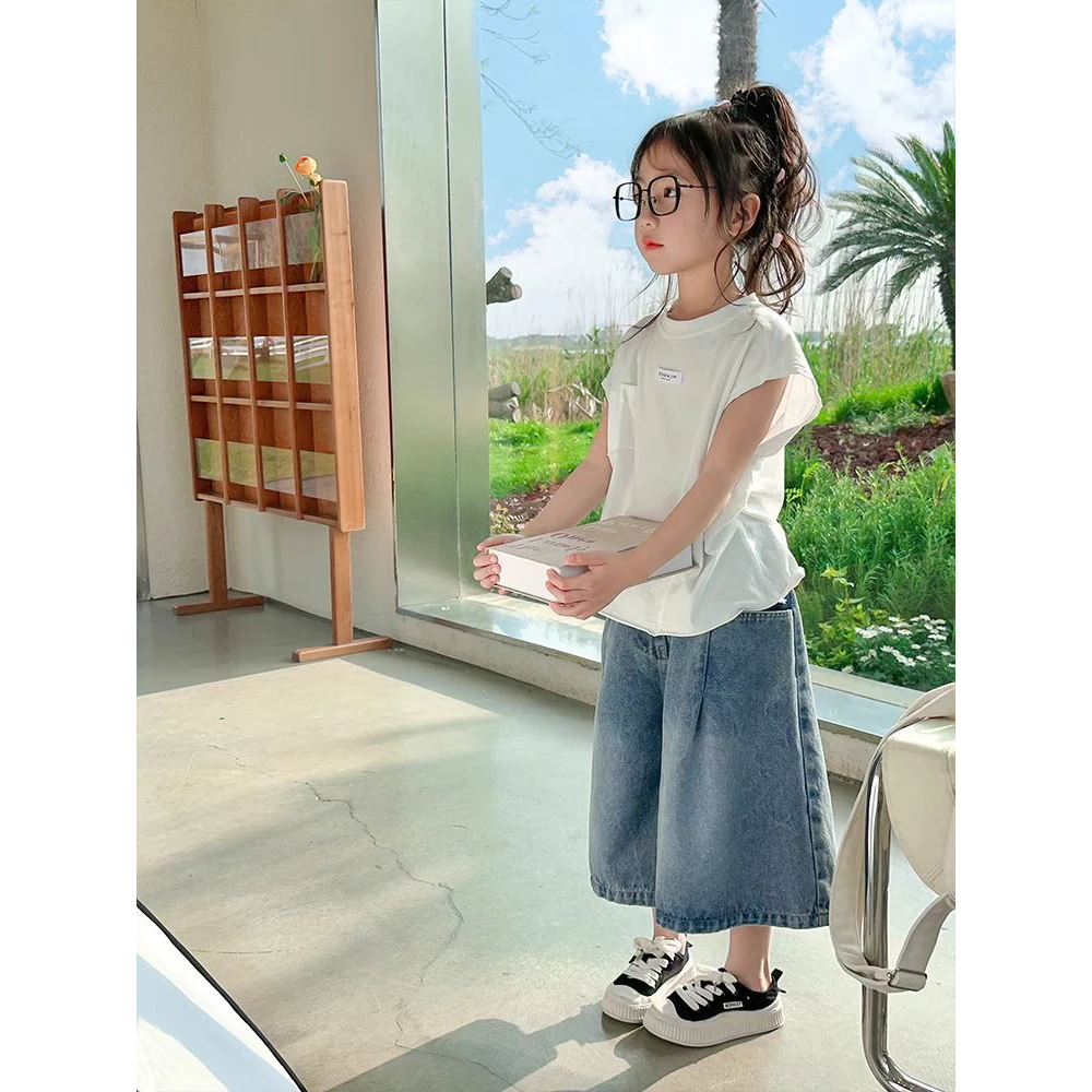 儿童牛仔阔腿裤2024新款夏季潮童七分裤白色上衣男女童时尚短裤潮