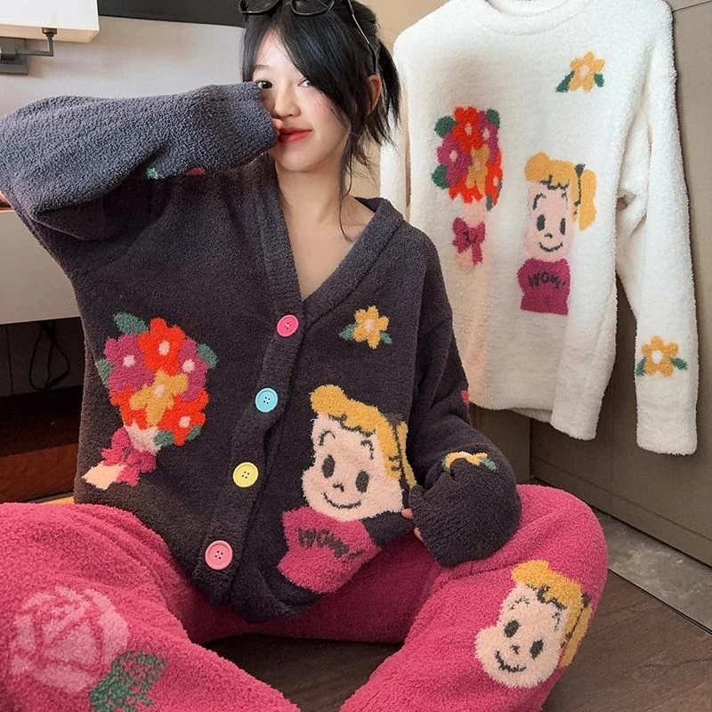 可爱卡通睡衣女秋冬款半边绒2024新款日系半边绒家居服加厚可外穿
