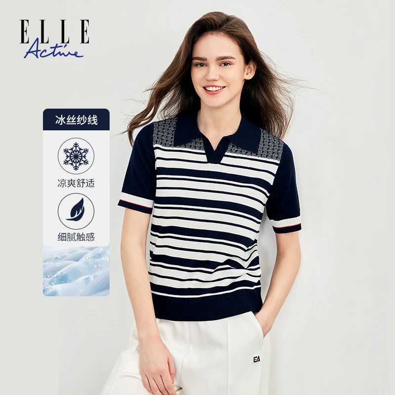 ELLE Active夏季新款条纹毛针织衫翻领短袖上衣休闲撞色百搭女装